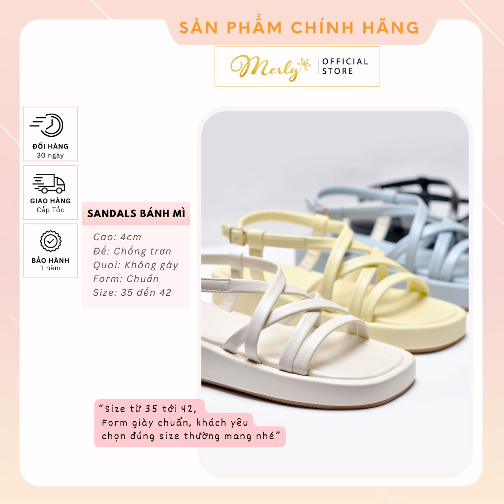 Sandals Dây Đế Bánh Mì Dây Mút Phồng Đế Cao 4cm Merly 1505 Xăng Đan Bánh Mì, Sandals Bánh Mì Nữ Chính Hãng, Giày Bánh Mì