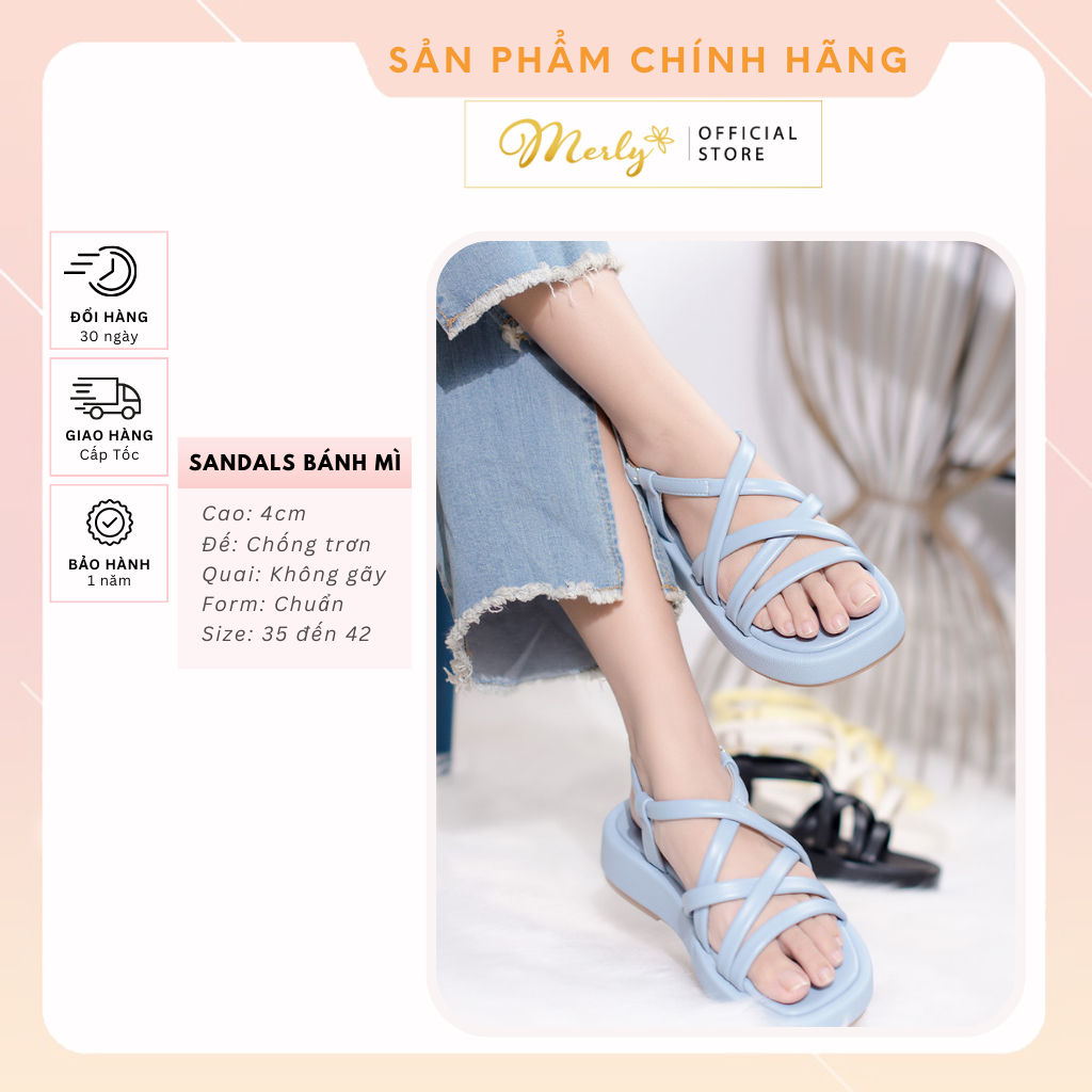 Sandals Dây Đế Bánh Mì Dây Mút Phồng Đế Cao 4cm Merly 1505 Xăng Đan Bánh Mì, Sandals Bánh Mì Nữ Chính Hãng, Giày Bánh Mì