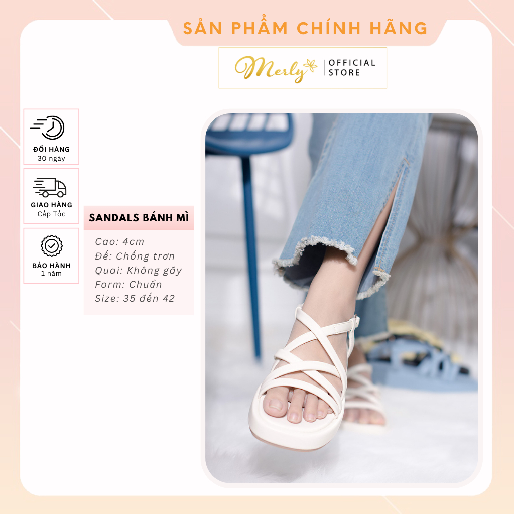 Sandals Dây Đế Bánh Mì Dây Mút Phồng Đế Cao 4cm Merly 1505 Xăng Đan Bánh Mì, Sandals Bánh Mì Nữ Chính Hãng, Giày Bánh Mì