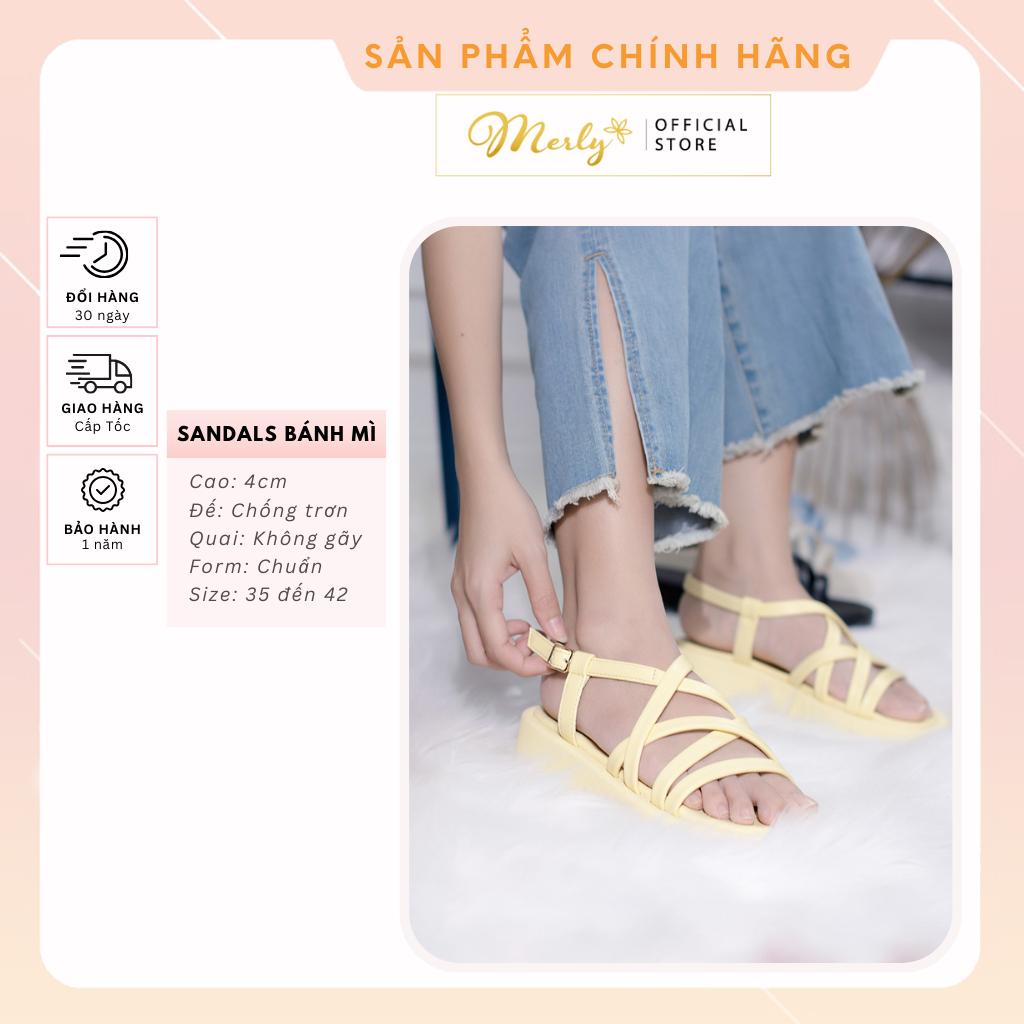 Sandals Dây Đế Bánh Mì Dây Mút Phồng Đế Cao 4cm Merly 1505 Xăng Đan Bánh Mì, Sandals Bánh Mì Nữ Chính Hãng, Giày Bánh Mì