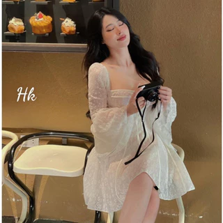 Váy nữ đi ăn cưới váy đi chơi đầm dự tiệc hàng thiết kế cao cấp hoa nổi tay dài xinh xắn shop HK DESIGN