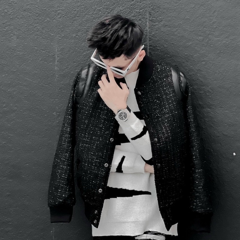 Áo Khoác Teddy  Dạ Kim Tuyến Đen Phối Da Đen Áo Bomber Teddy  Viền Vai Da