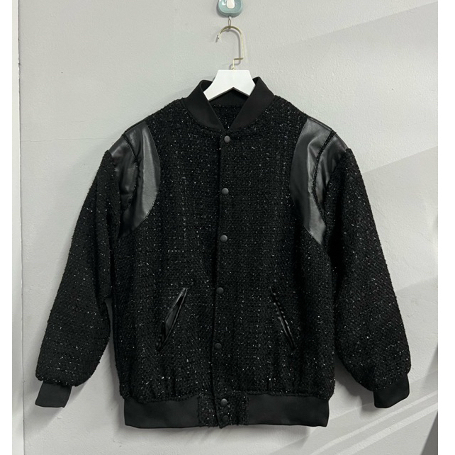 Áo Khoác Teddy  Dạ Kim Tuyến Đen Phối Da Đen Áo Bomber Teddy  Viền Vai Da