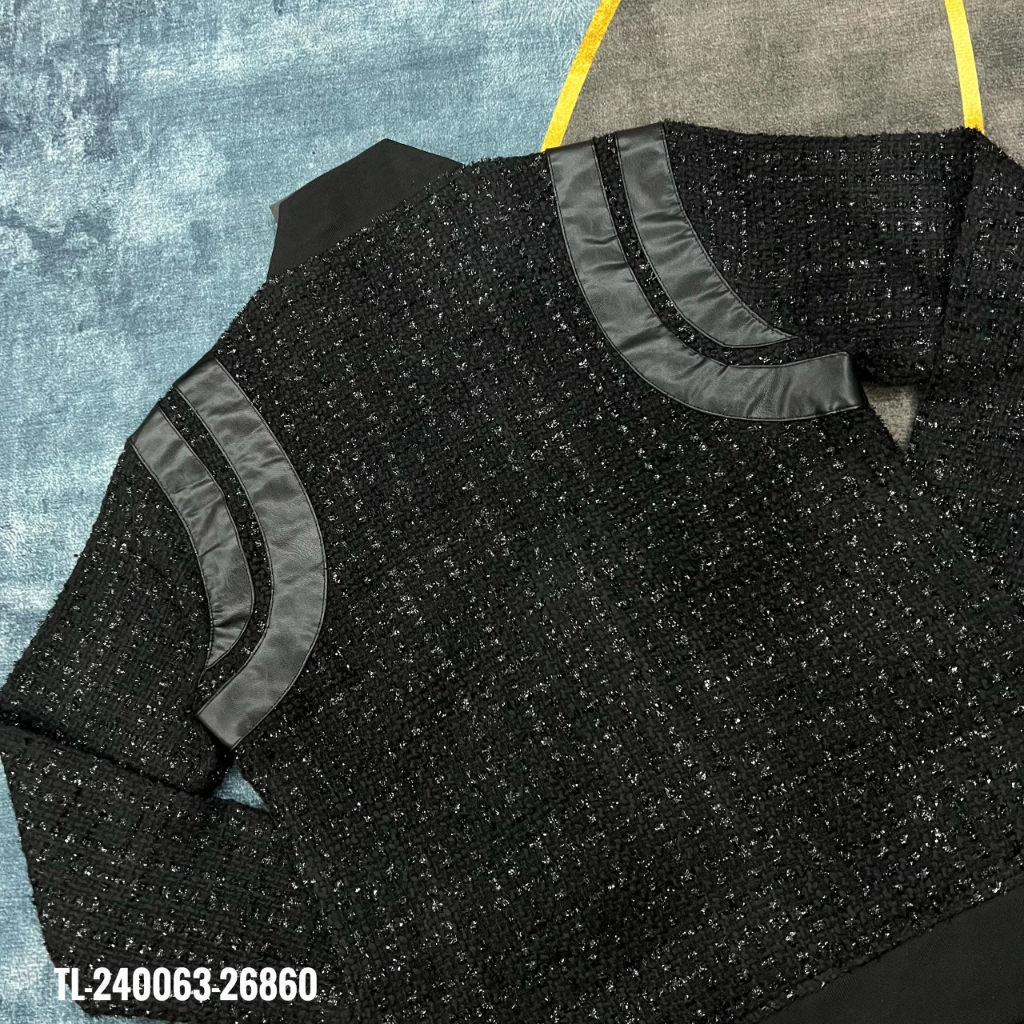 Áo Khoác Teddy  Dạ Kim Tuyến Đen Phối Da Đen Áo Bomber Teddy  Viền Vai Da