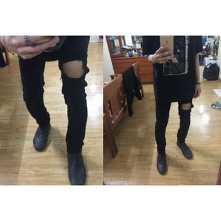 Jeans đen phối zip, rách 1 bên đùi