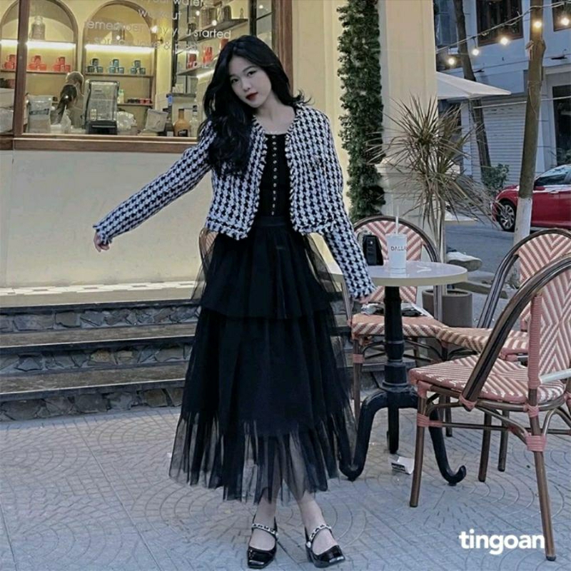 Áo khoác tweed croptop caro Love Poem Jacket Tingoan