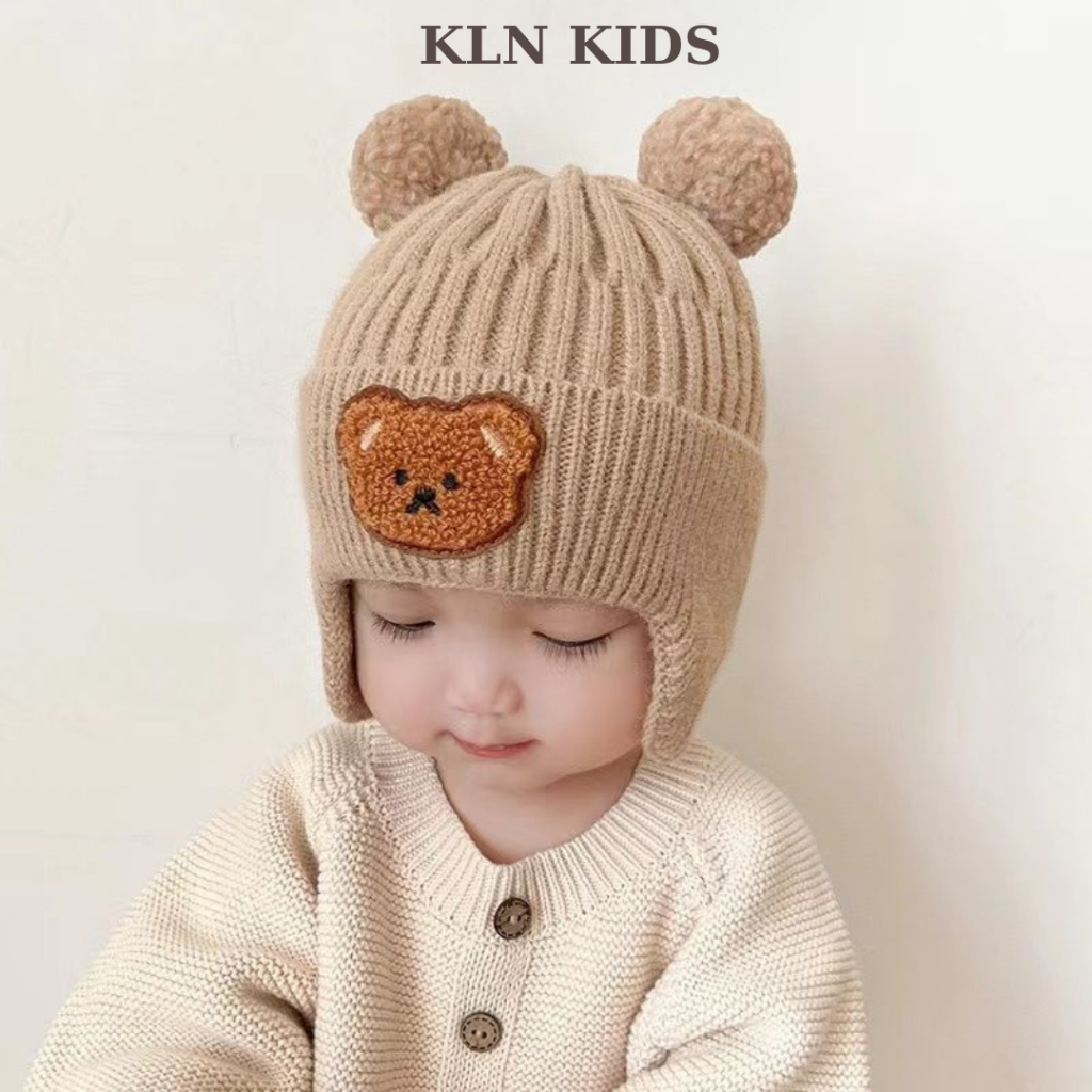 Mũ Len Cho Bé Dày Dặn Họa Tiết Gấu Nâu Phong Cách Hàn Quốc VIVI