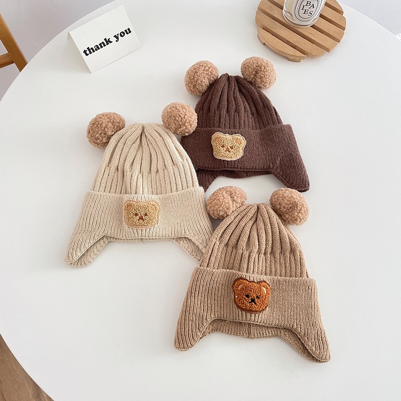 Mũ Len Cho Bé Dày Dặn Họa Tiết Gấu Nâu Phong Cách Hàn Quốc VIVI