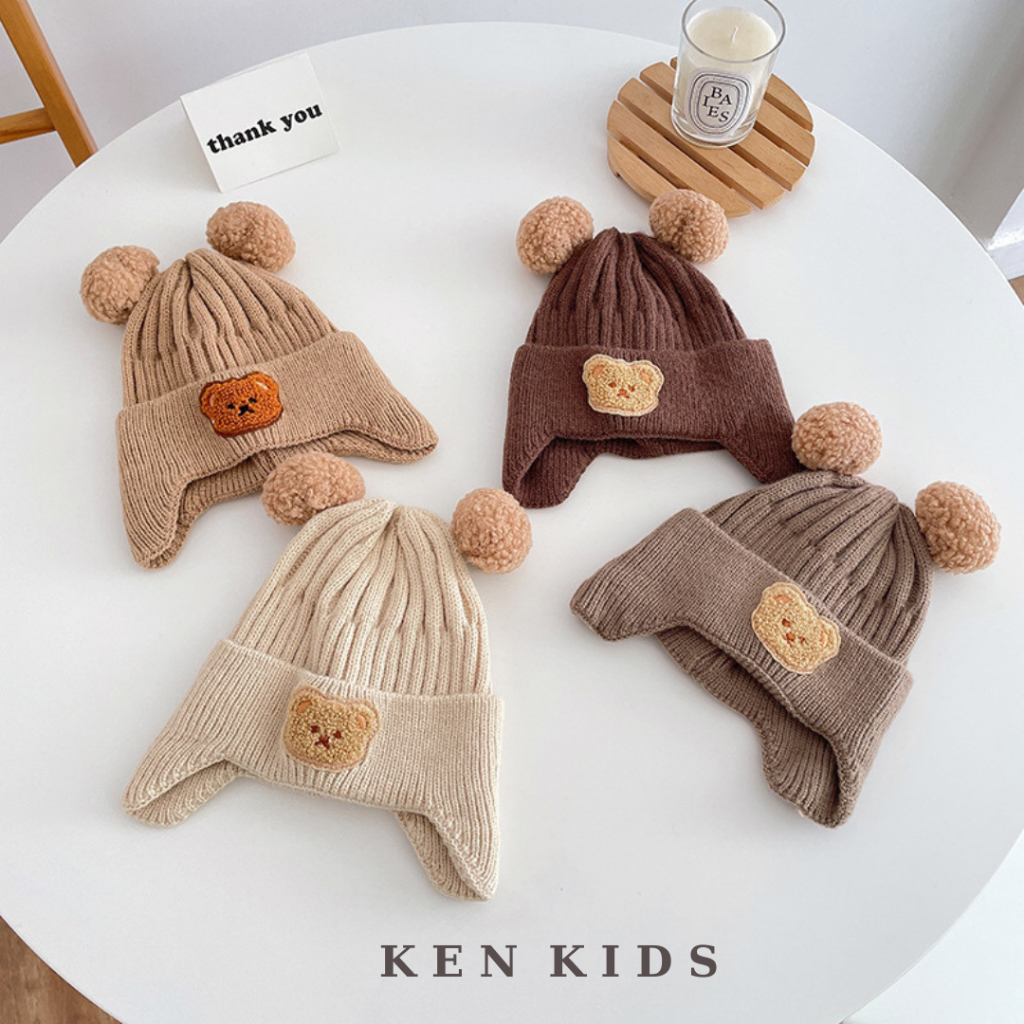 Mũ Len Cho Bé Dày Dặn Họa Tiết Gấu Nâu Phong Cách Hàn Quốc VIVI