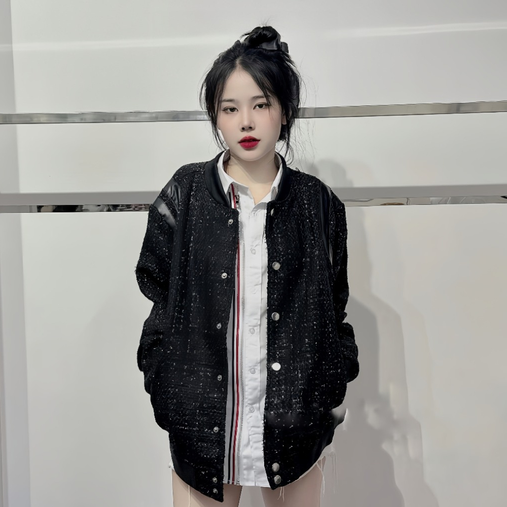 Áo khoác teddy bomber nam nữ vải dạ đính kim tuyến thêu sọc da đen hai vai bo ống 2 lớp dày dặn