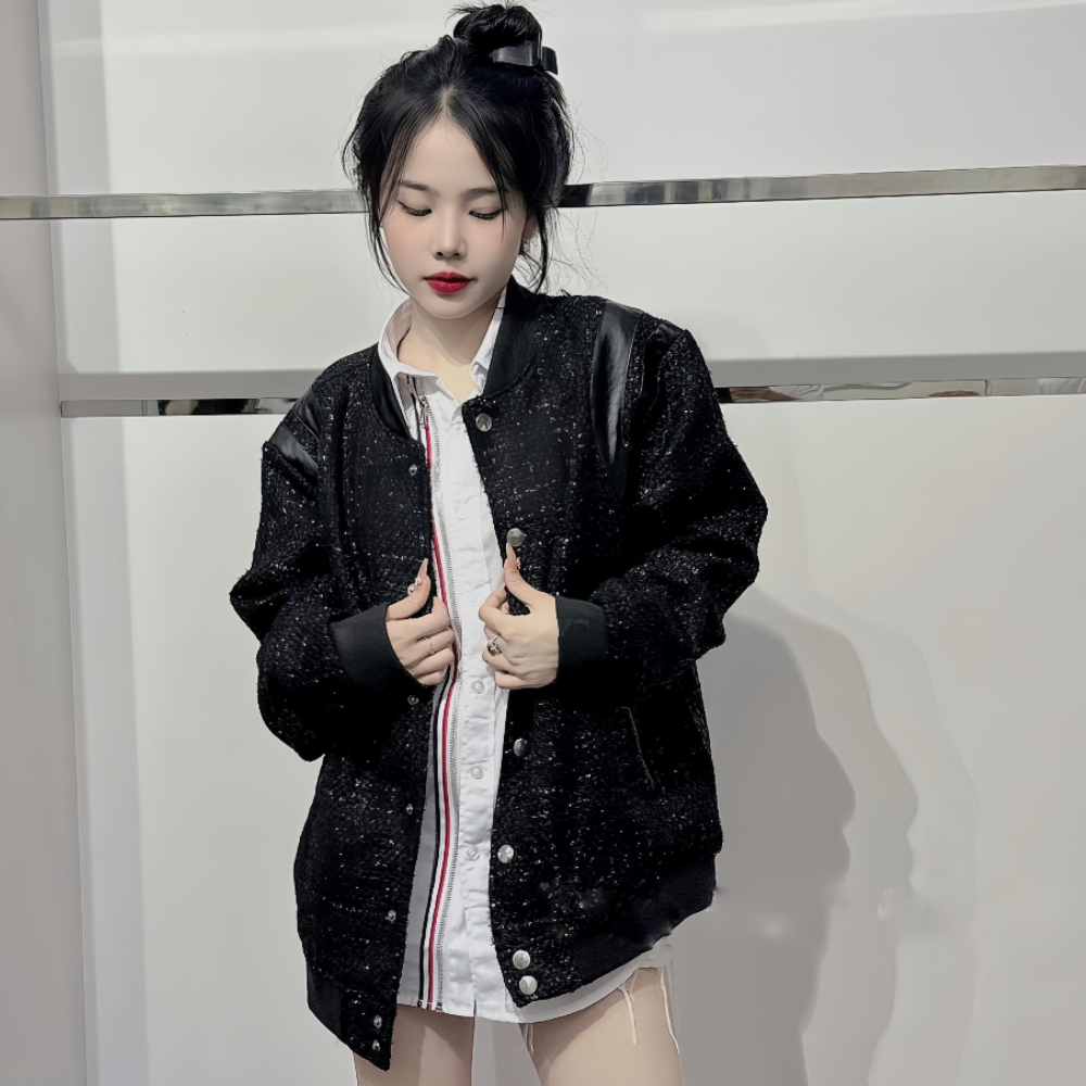 Áo khoác teddy bomber nam nữ vải dạ đính kim tuyến thêu sọc da đen hai vai bo ống 2 lớp dày dặn