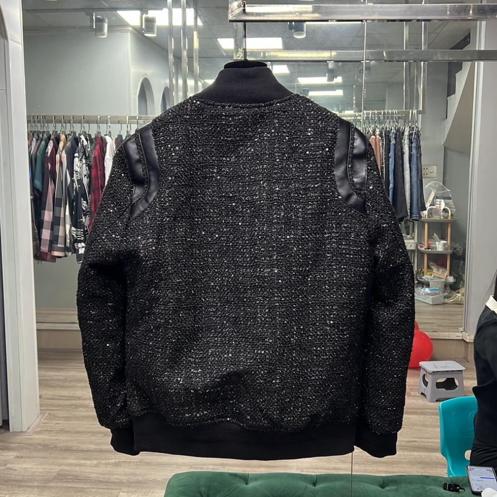 Áo khoác teddy bomber nam nữ vải dạ đính kim tuyến thêu sọc da đen hai vai bo ống 2 lớp dày dặn