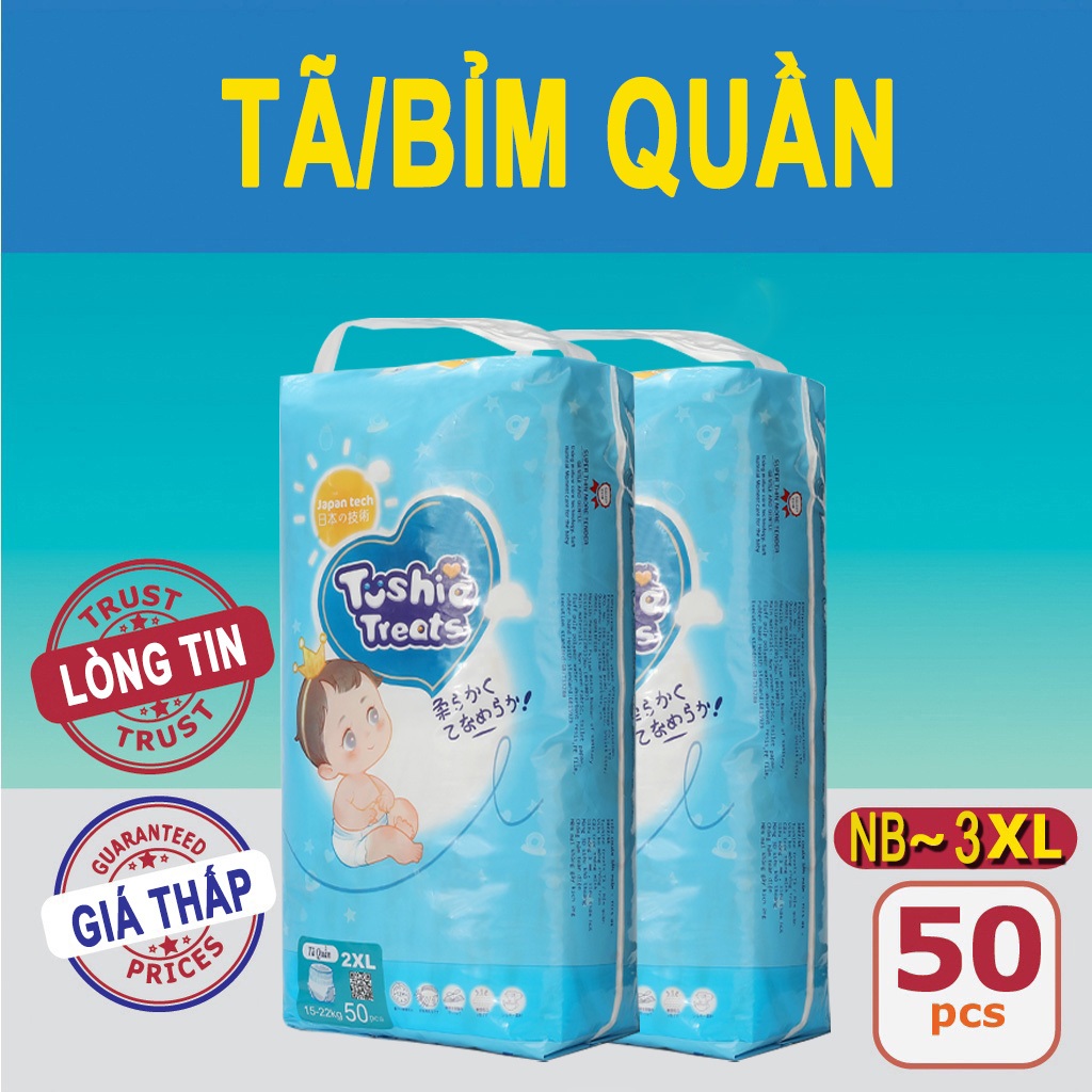 50/100 Miếng TÃ BỈM/QUẦN Tushie Treats bỉm em bé Công nghệ Nhật bản ôm sát thấm 1L hút thông thoáng NB/S/M/L/XL/XXL/XXXL