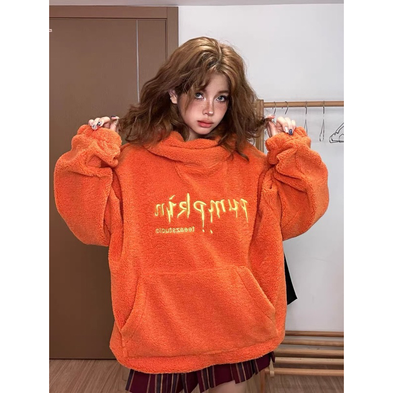 BANGUBrand Áo Hoodie Nam Nữ Lông Cừu Hoạt Hình Bí Ngô
