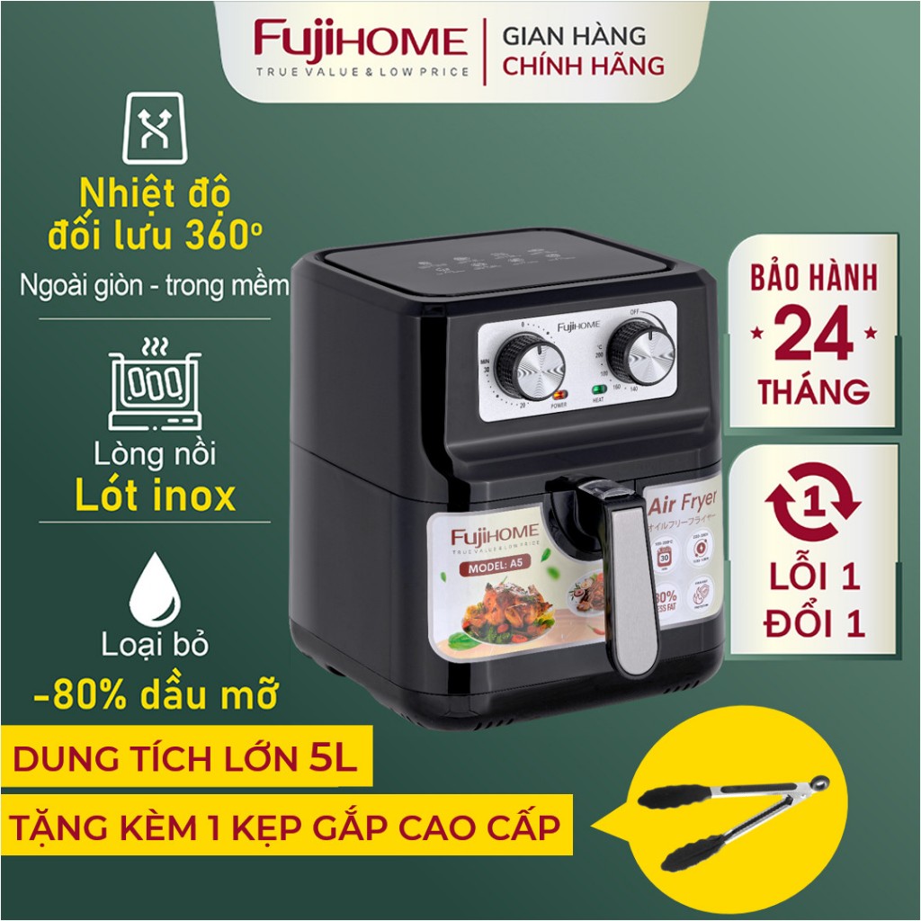 Nồi chiên không dầu 5L Nhật Bản Nhập Khẩu tự ngắt Fujihome tặng kèm gắp