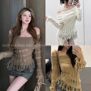 Áo len trễ vai dài tay thiết kế RÁCH TUA RUA cá tính ulzzang (hàng QC)