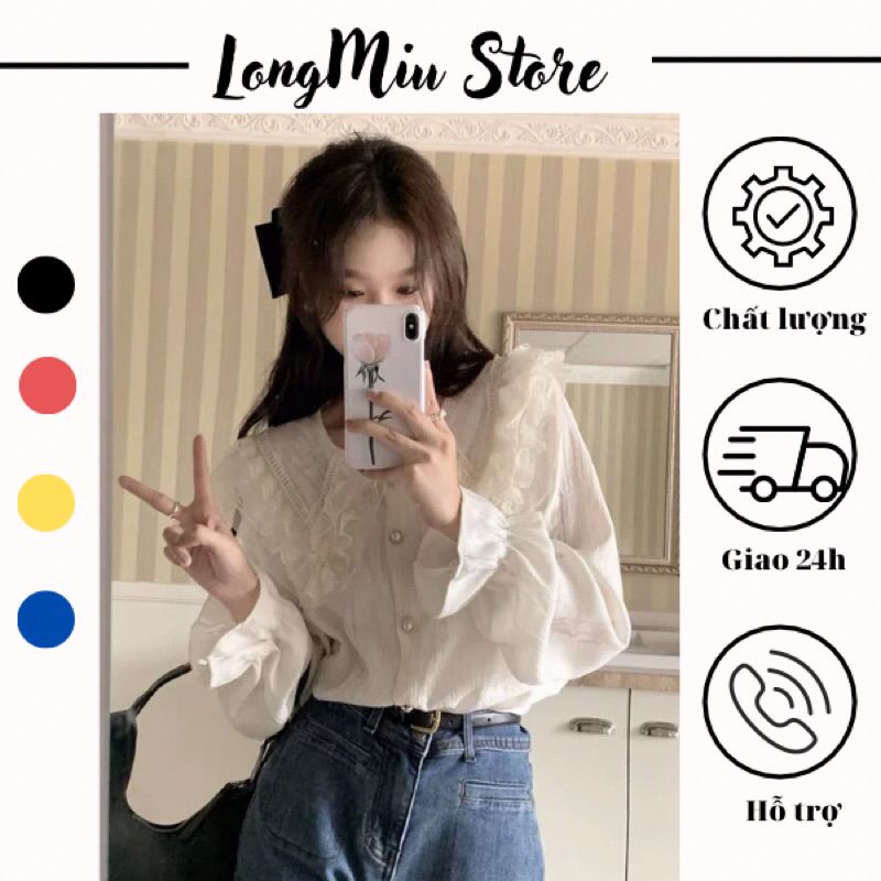 Áo sơ mi trắng búp bê đầu mùa thu thiết kế cổ áo búp bê sang trong phong cách áo sơ mi nhỏ xinh dễ thương