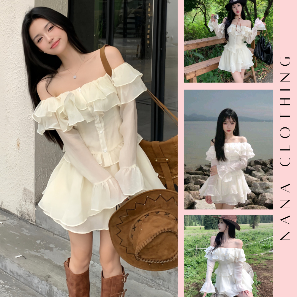 Set áo trễ vai bèo + chân váy 2 tầng chất liệu voan mềm mại, set bánh bèo xinh xắn dễ thương