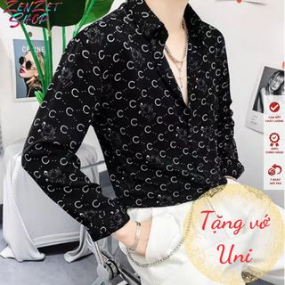 Áo sơ mi nam kiểu hoạ tiết màu đen dài tay lụa trung co giãn cao cấp, áo sơ mi form slim mềm zenzetshop ht02
