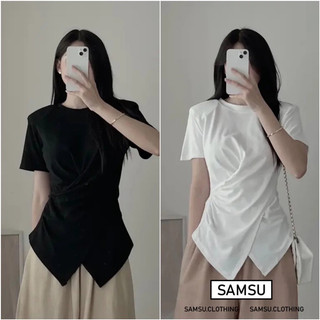 Áo thun xoắn chéo eo vạt nhọn tay ngắn thun cotton xịn phong cách Hàn Quốc