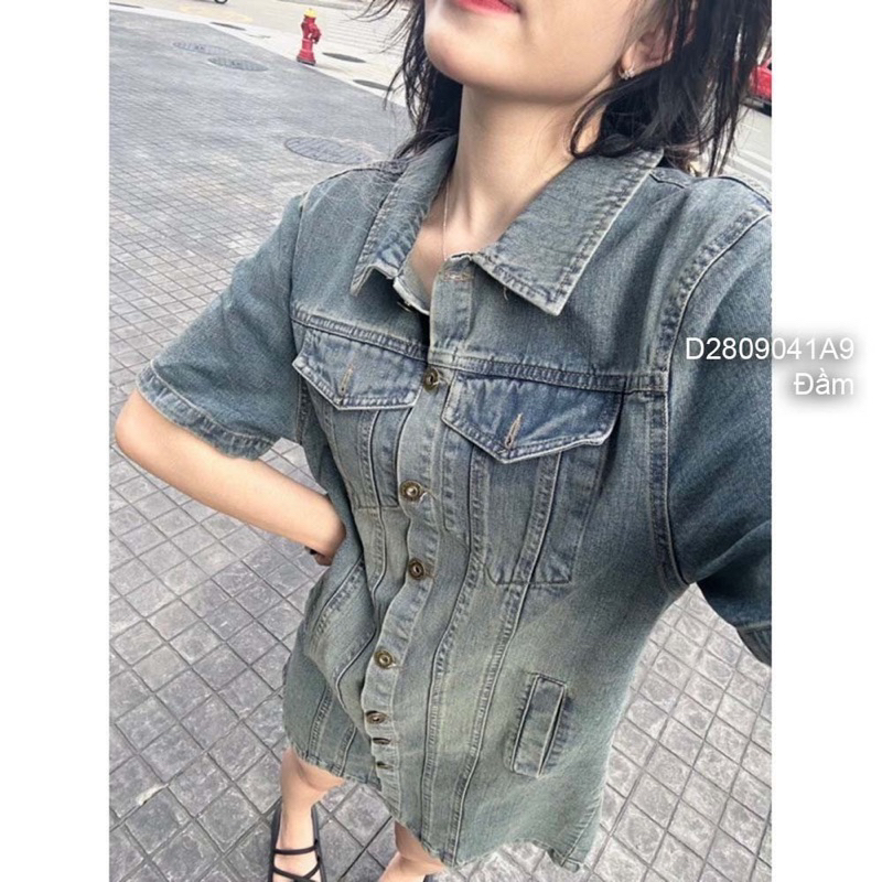 Đầm jean suông ngực đắp túi nắp tay ngắn 0923 thaotranshop90 [kèm ảnh thật chụp sàn]