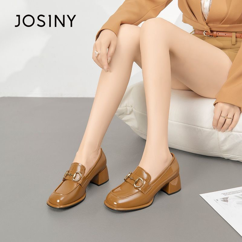 Giày da moca Josiny chính hãng da bóng, gót vuông 5cm