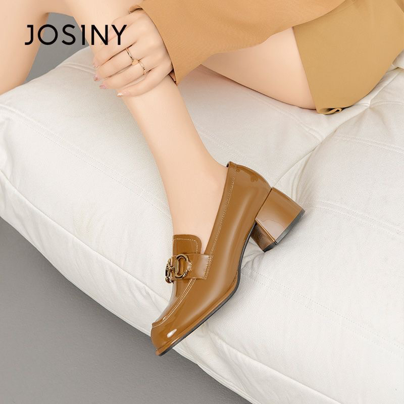 Giày da moca Josiny chính hãng da bóng, gót vuông 5cm