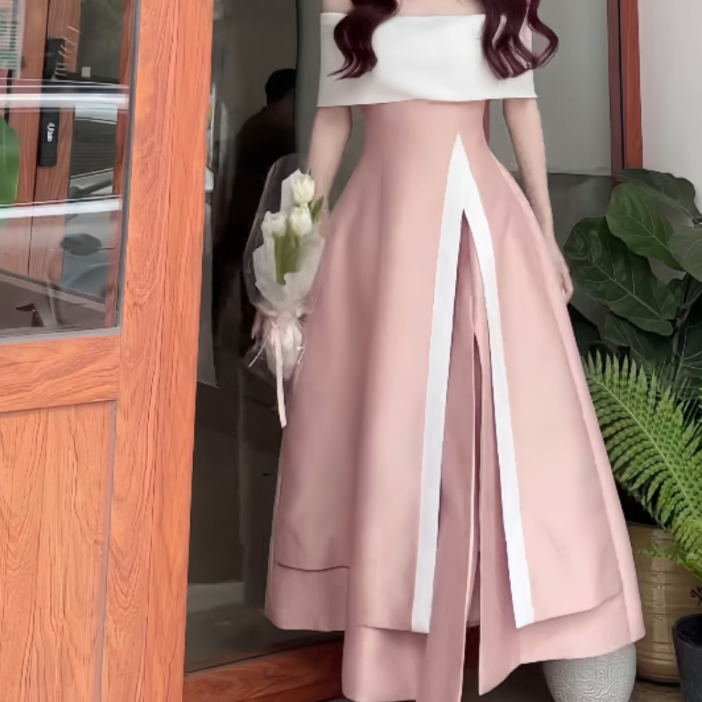 Đầm trễ vai xẻ vạt dáng dài màu hồng Baby có đệm ngực, váy thiết kế sang chảnh tiểu thư