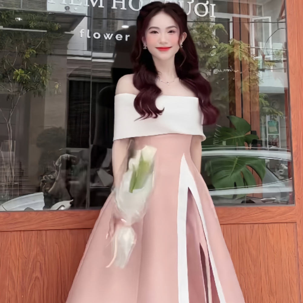 Đầm trễ vai xẻ vạt dáng dài màu hồng Baby có đệm ngực, váy thiết kế sang chảnh tiểu thư