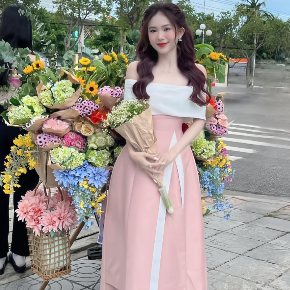 Đầm trễ vai xẻ vạt dáng dài màu hồng Baby có đệm ngực, váy thiết kế sang chảnh tiểu thư