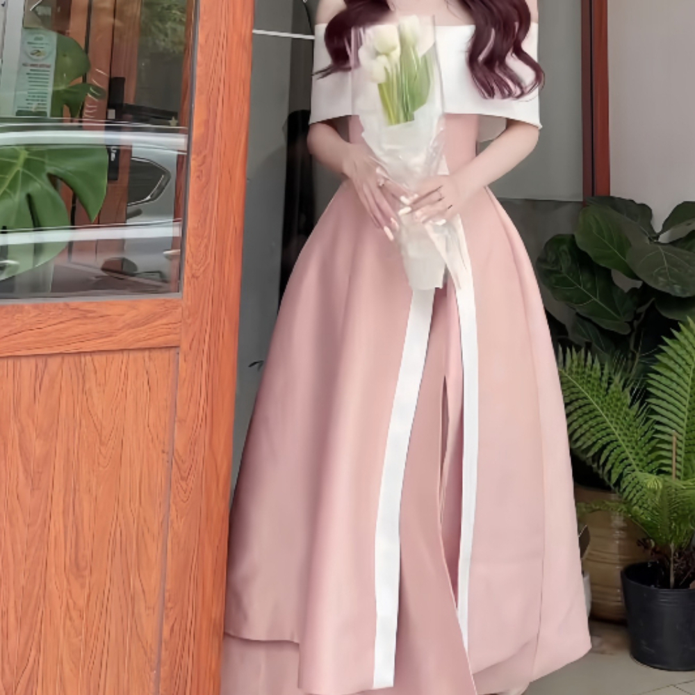 Đầm trễ vai xẻ vạt dáng dài màu hồng Baby có đệm ngực, váy thiết kế sang chảnh tiểu thư