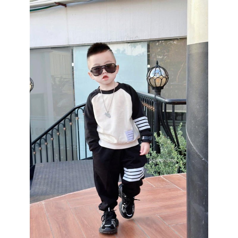 Bộ nỉ thể thao Drew kẻ tay bé trai