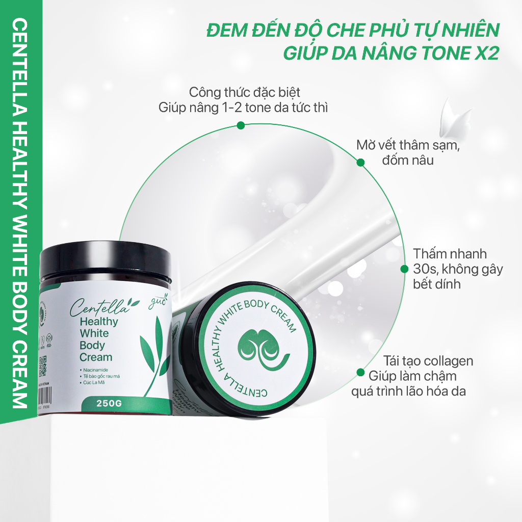 Kem Body Dưỡng Trắng Mịn Da Rau Má, Nâng Tone Tức Thì, Mờ Sạm, Thẩm thấu nhanh - Centella Healthy White Body Cream GUO