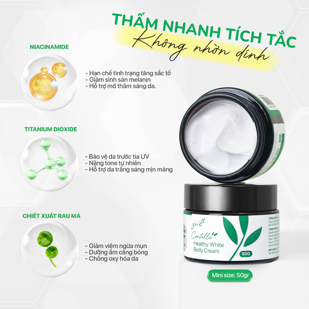 Kem Body Dưỡng Trắng Mịn Da Rau Má, Nâng Tone Tức Thì, Mờ Sạm, Thẩm thấu nhanh - Centella Healthy White Body Cream GUO