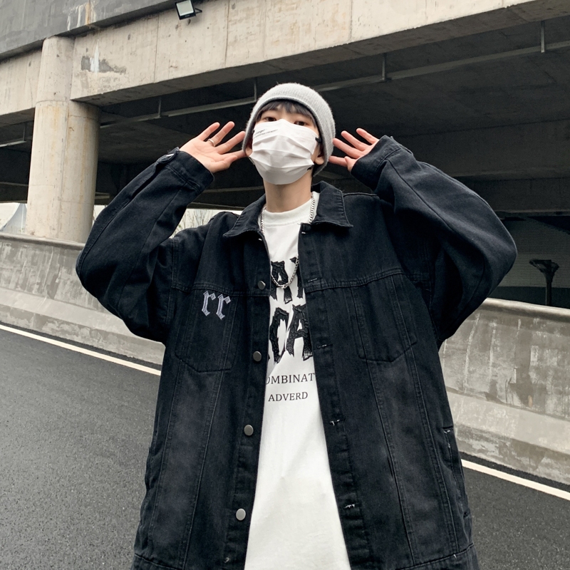 Áo khoác denim nam from rộng thêu chữ thập retro, áo bò unisex mầu úa vàng hiphop phong cách 9694