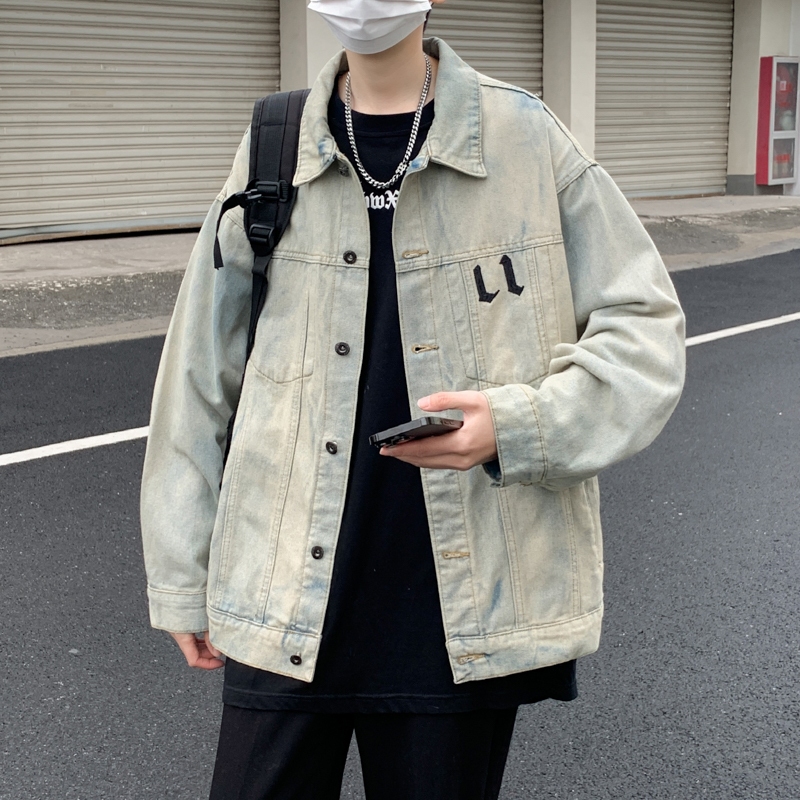 Áo khoác denim nam from rộng thêu chữ thập retro, áo bò unisex mầu úa vàng hiphop phong cách 9694