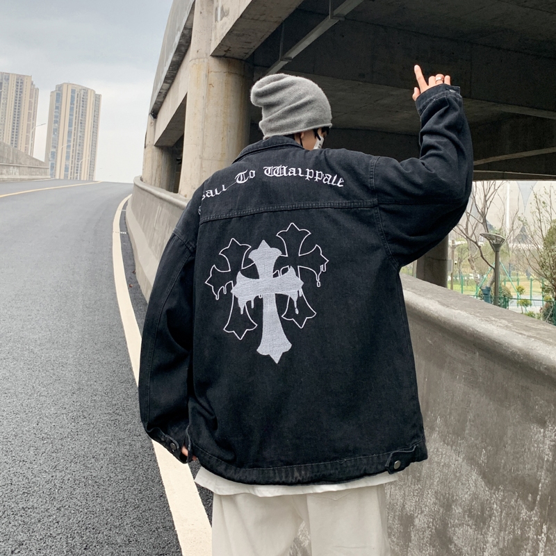Áo khoác denim nam from rộng thêu chữ thập retro, áo bò unisex mầu úa vàng hiphop phong cách 9694