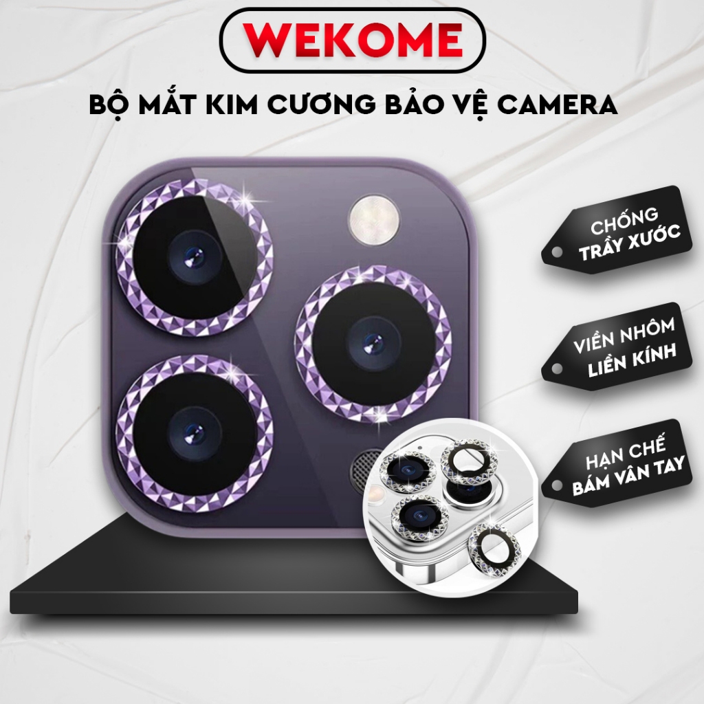 Bộ Mắt kim cương wekome dán bảo vệ camera iphone  ,11 promax , 12, 13, 14 pro max,viền nhôm cắt, mặt kính cường lực