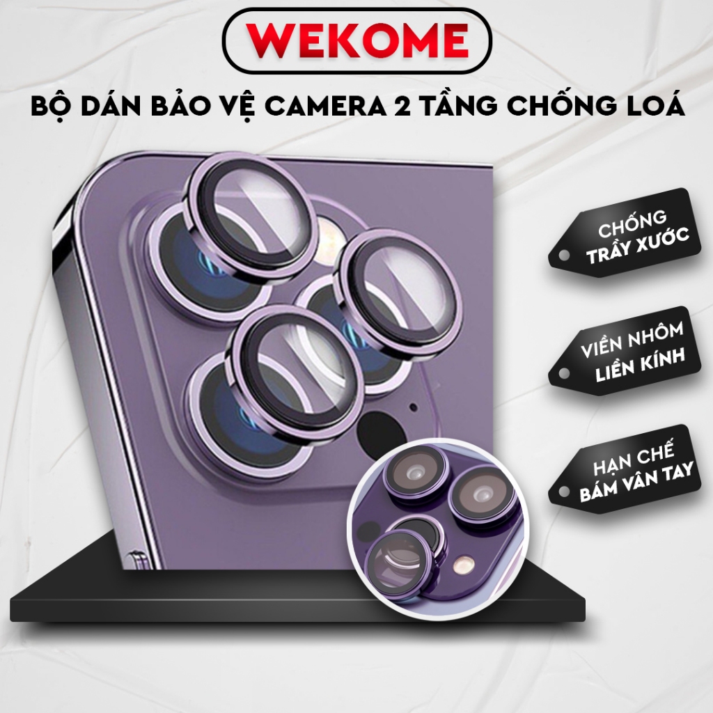 Bộ dán bảo vệ camera iphone Wekome Cam 2 tầng chuẩn theo máy, chống lóa, HD cho ip 14Promax ,13 12 11 Pro Max