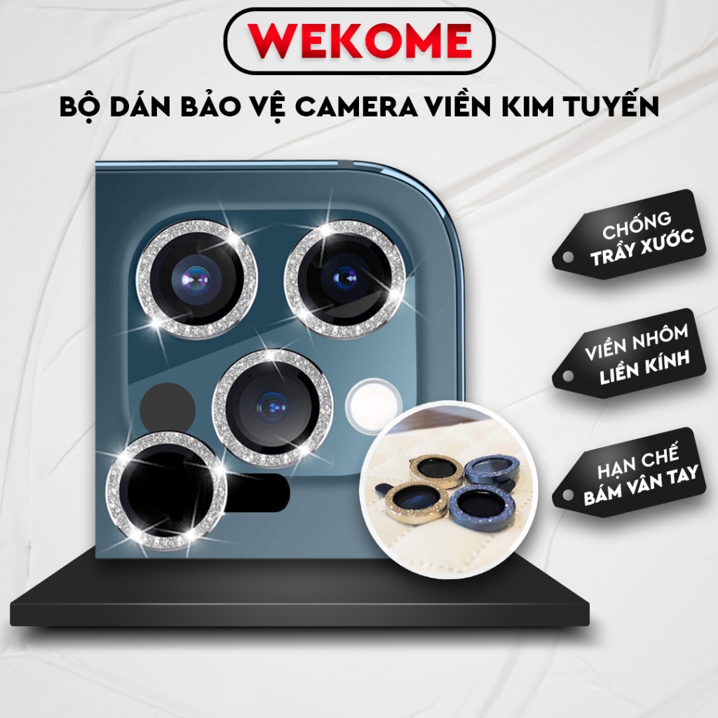 Bộ mắt nhũ dán bảo vệ camera iphone Wekome , 11 promax , 12, 13, 14 pro max,viền kim tuyến mặt kính cường lực.