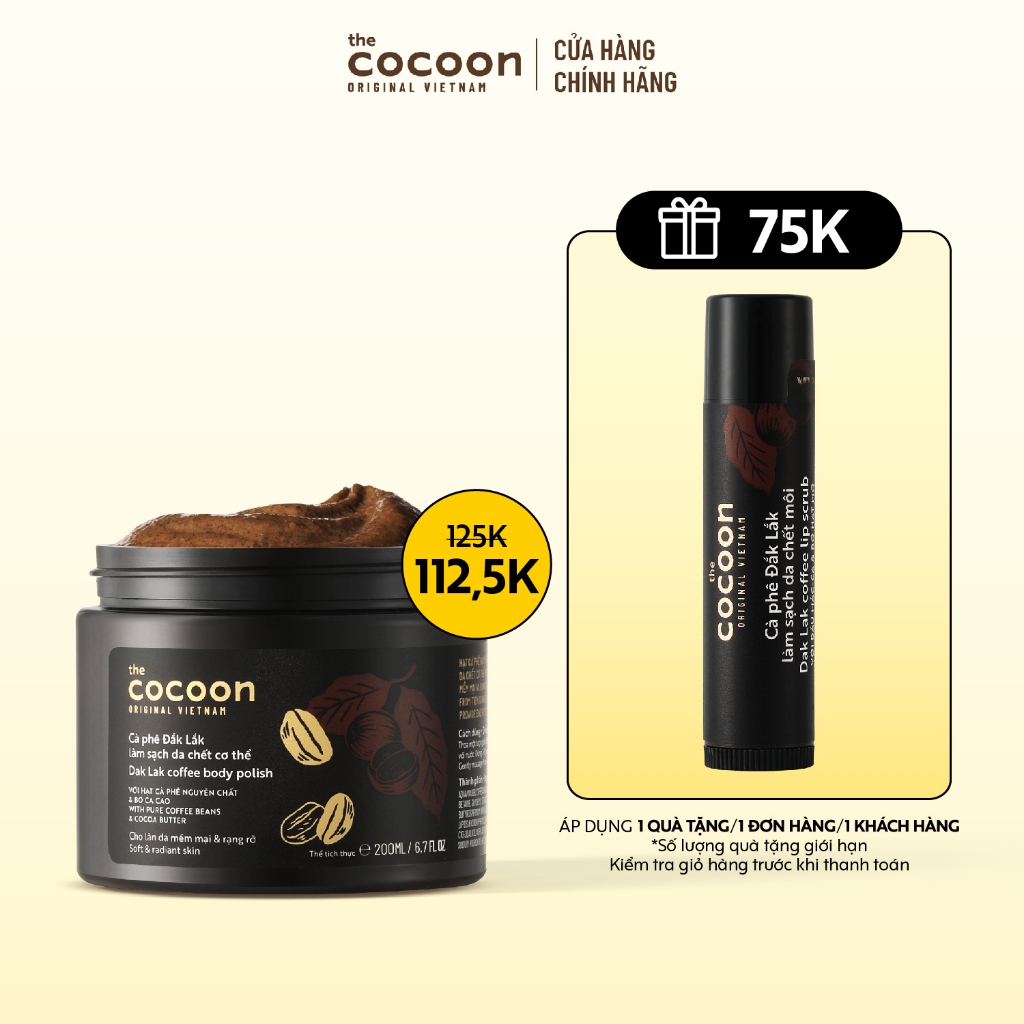 [COMBO MUA 1 TẶNG 1 ÁP DỤNG 01/10-31/10] Tẩy da chết cơ thể cà phê Đắk Lắk Cocoon 200ml TẶNG Tẩy da chết môi cà phê 5g