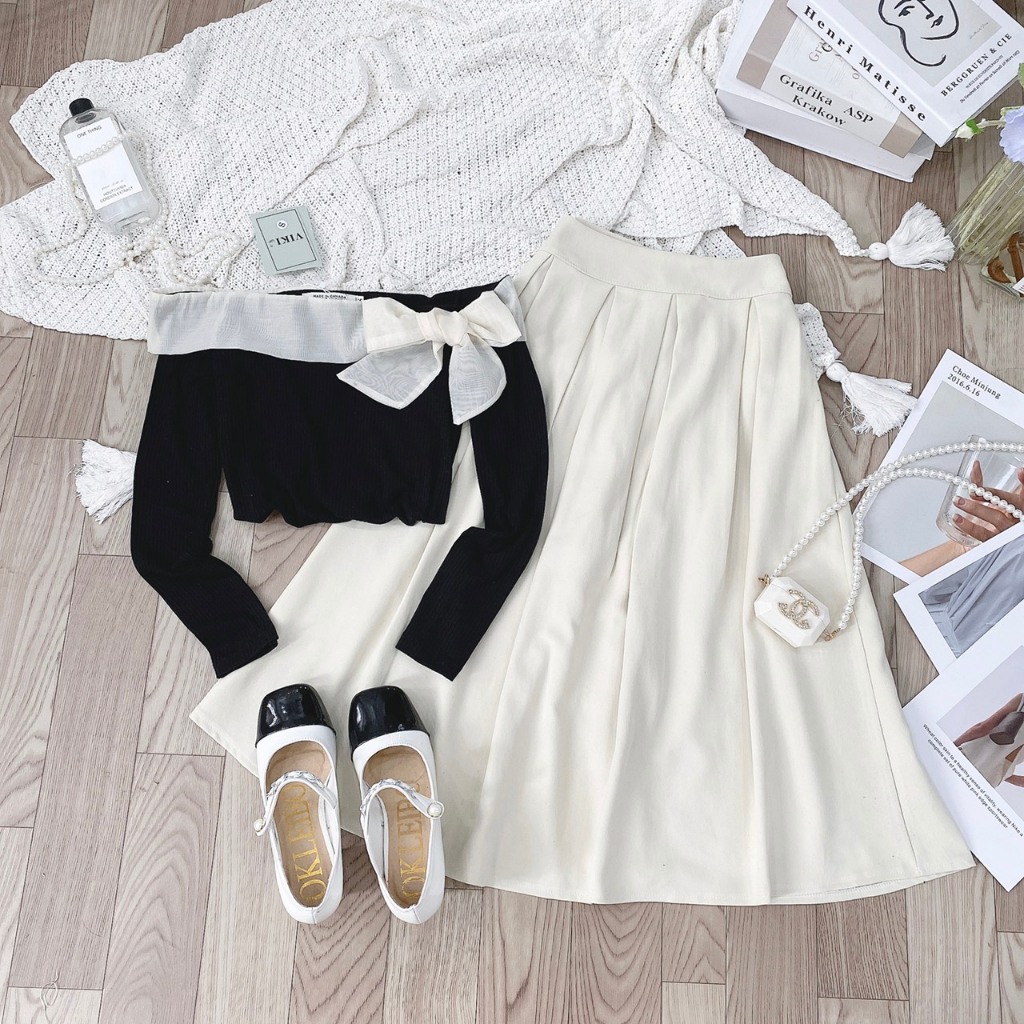 Set áo trễ vai buộc nơ kèm chân váy hàng loại 1 dày dặn