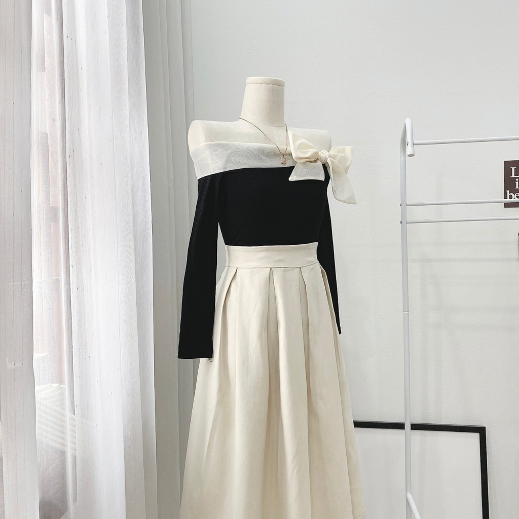 Set áo trễ vai buộc nơ kèm chân váy hàng loại 1 dày dặn