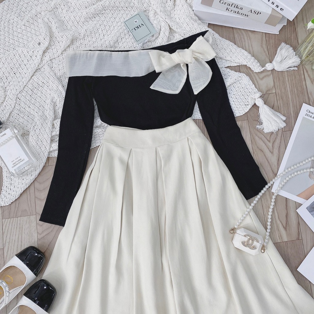 Set áo trễ vai buộc nơ kèm chân váy hàng loại 1 dày dặn