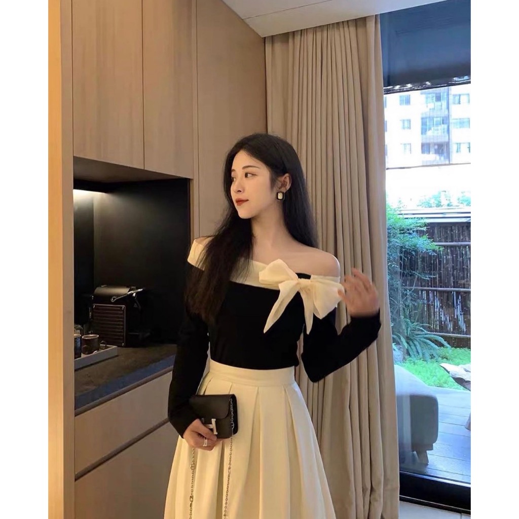 Set áo trễ vai buộc nơ kèm chân váy hàng loại 1 dày dặn