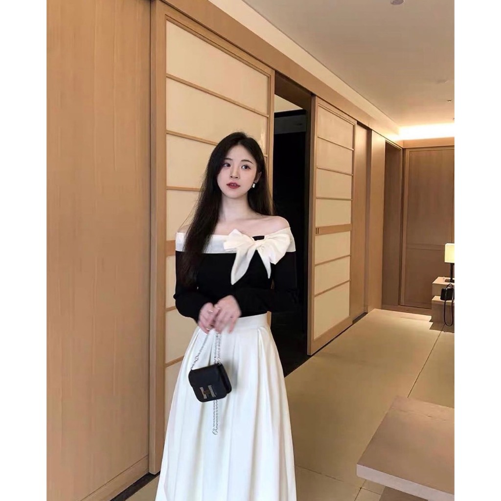 Set áo trễ vai buộc nơ kèm chân váy hàng loại 1 dày dặn