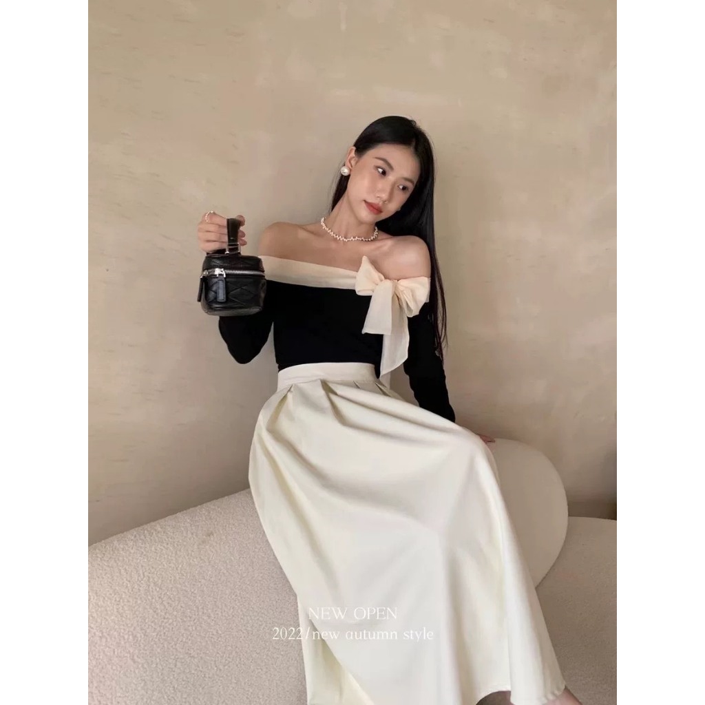 Set áo trễ vai buộc nơ kèm chân váy hàng loại 1 dày dặn