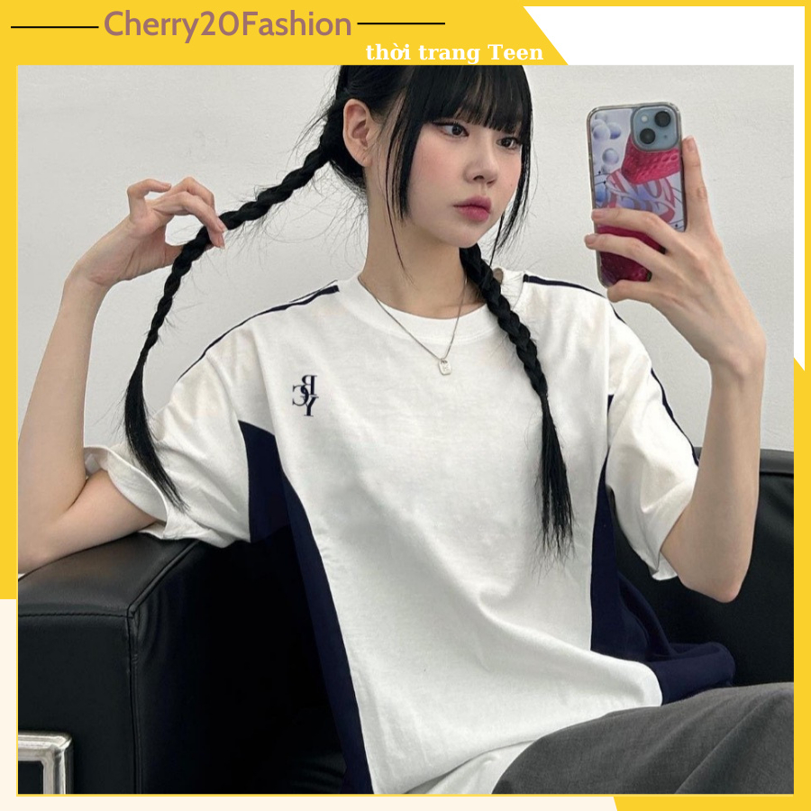 Áo thun tay lỡ sọc tay phối hình thêu mini cá tính, áo phông dáng rộng form unisex nam nữ mặc đôi đều đẹp thời trang