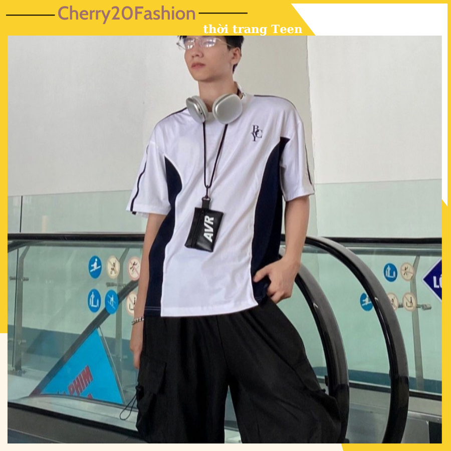 Áo thun tay lỡ sọc tay phối hình thêu mini cá tính, áo phông dáng rộng form unisex nam nữ mặc đôi đều đẹp thời trang