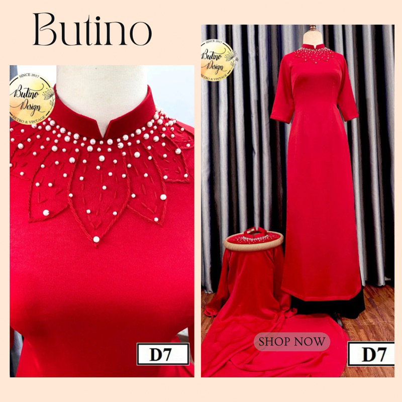 Áo dài truyền thống nữ màu đỏ D7 thêu ngọc thủ công sang trọng - BUTINO SHOP